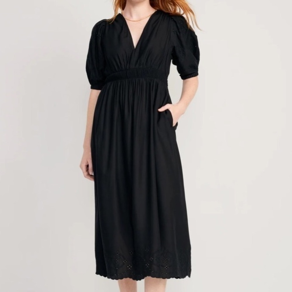 Old Navy Women Xs Eyelet Puff Sleeve Waist-Defined V-Neck Shirred Midi Dress Nwt